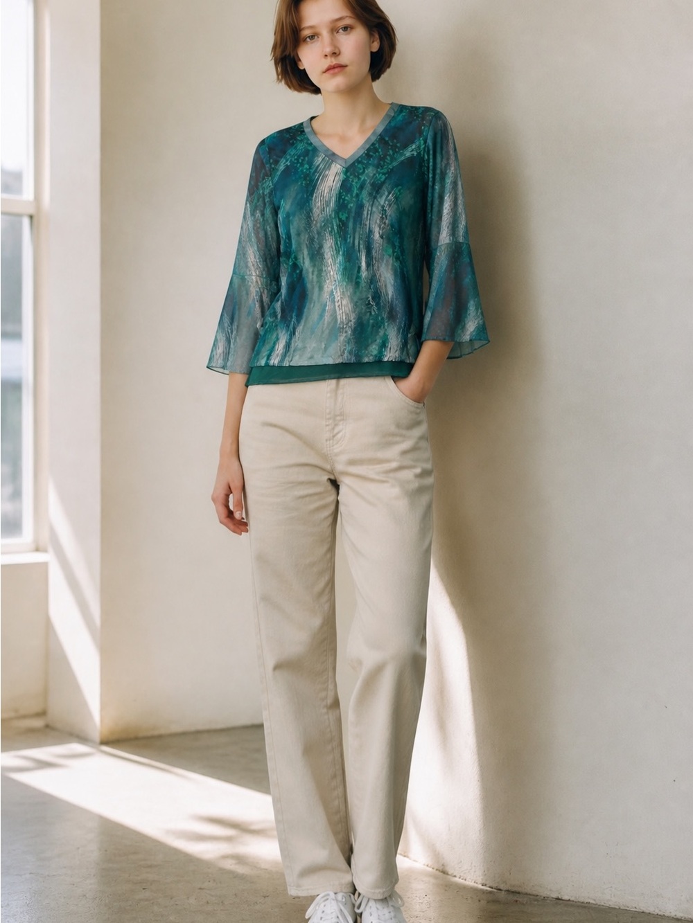 Teal Brushstroke V-Neck Sheer Blouse with lining